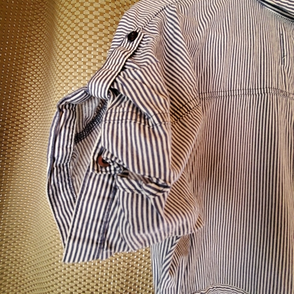 Denver Hayes Vintage Short Sleeve Tie Waist Blue Striped Blouse Top - Picture 5 of 7